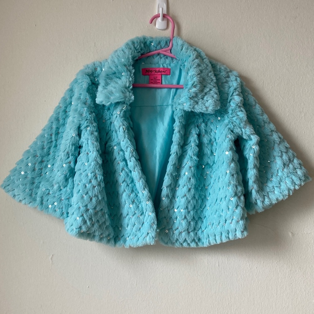 Betsey Johnson Light Blue/Aqua Faux Fur with Sequin Girls’ Cape Sz S(4-6 years) - Picture 5 of 10